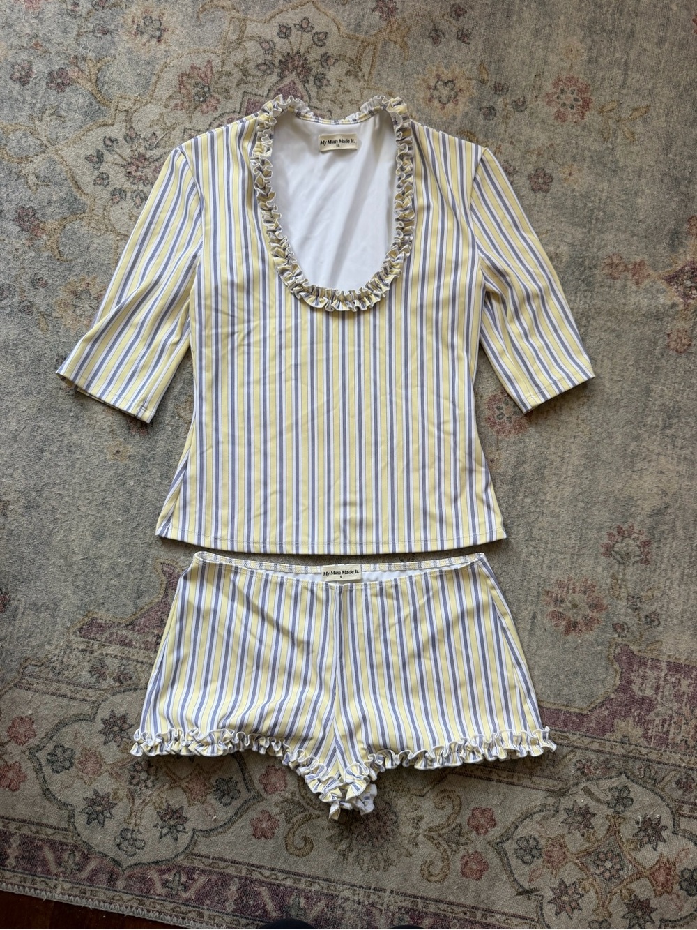My Mum Made It Yellow & Blue Striped Ruffle-Trim Set